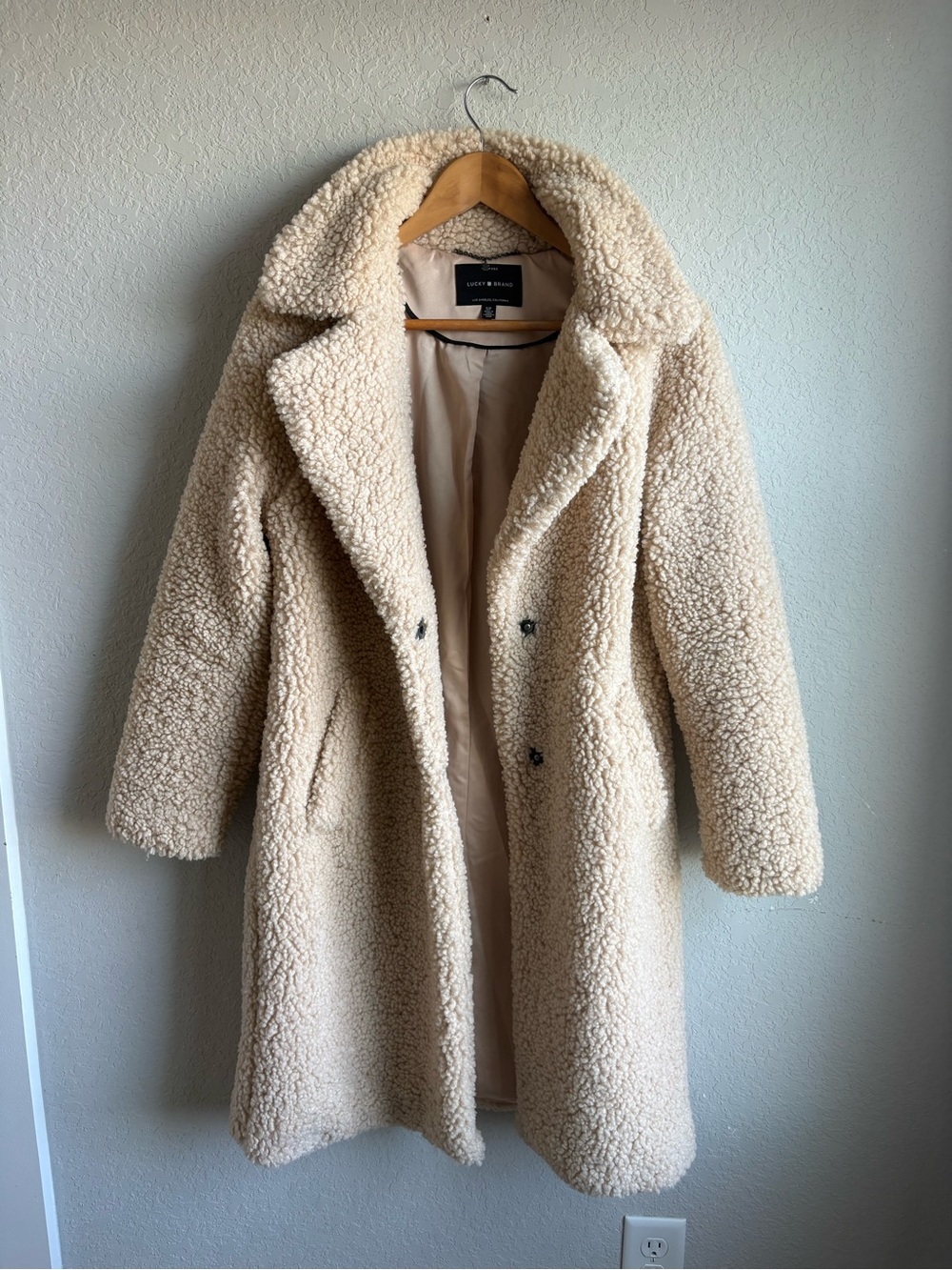 Lucky Brand Sherpa Teddy Coat S Cream Ivory Longline Oversized Winter Jacket